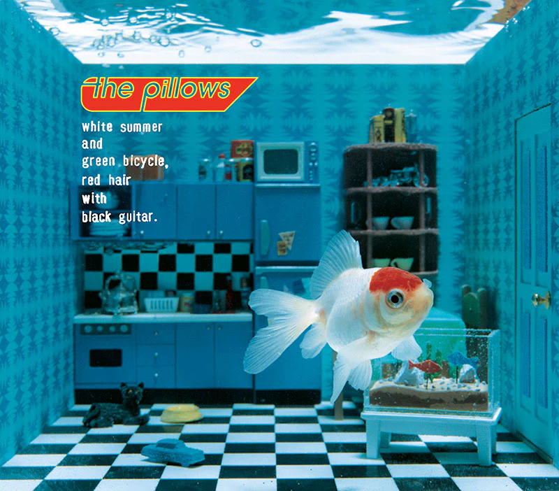 the pillows – white summer and green bicycle, red hair with black guitar.  [Digital]